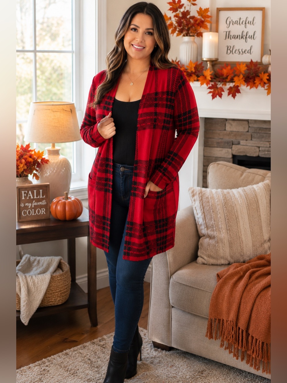 Love Scarlett Red Black Plaid Cardigan Open Front Long Sleeve Pockets